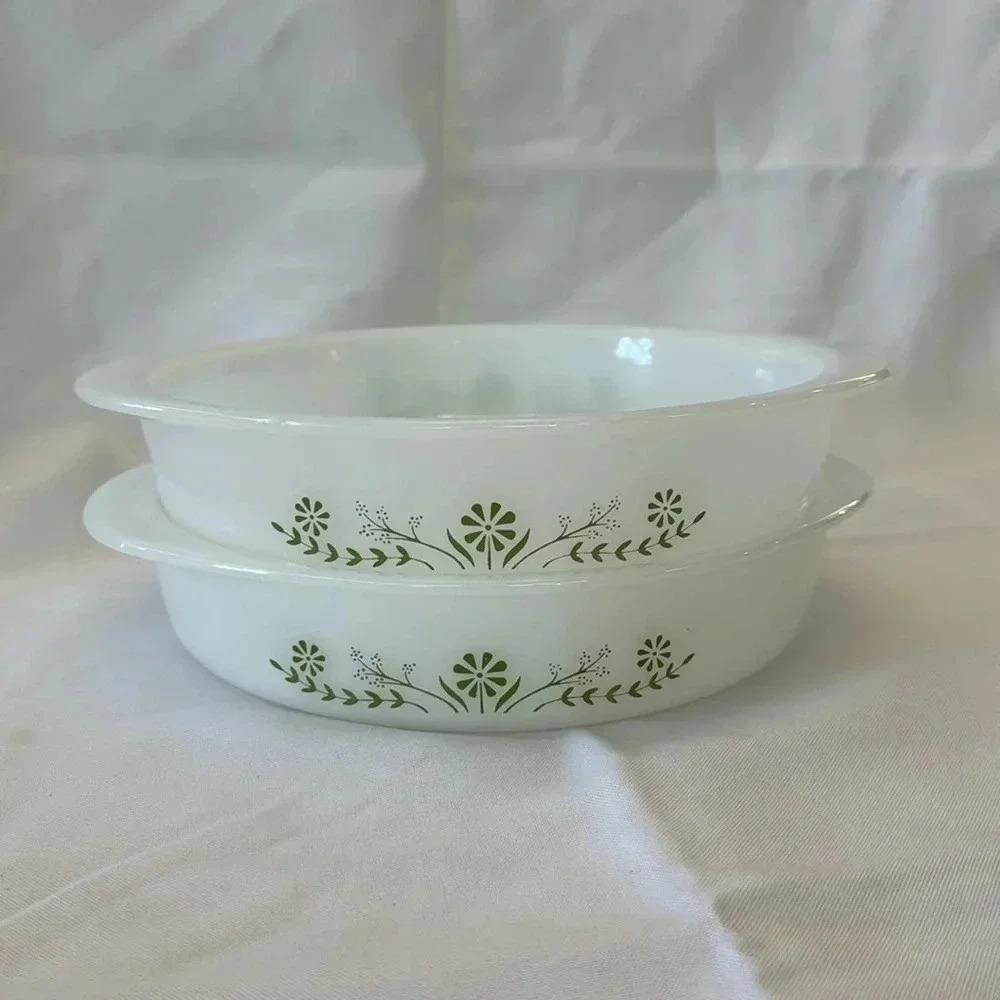 2 - Glasbake 1970s Round 8in Casserole Dishes Green Daisy Milk Glass MCM Kitchen